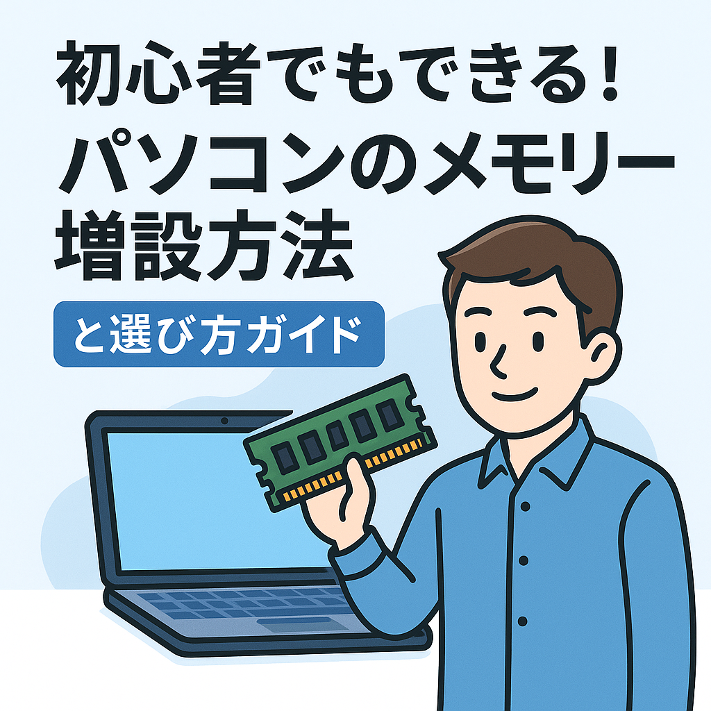 初心者向けPCメモリー増設ガイドのイラスト（ノートPCとメモリーを持つキャラクター）