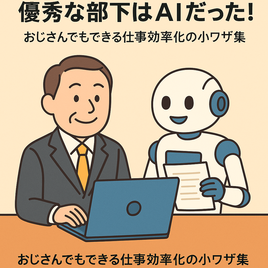 「中年のビジネスマンとAIロボットが一緒に働いているイラスト。『優秀な部下はAIだった！おじさんでもできる仕事効率化の小ワザ集』という文字入り」
