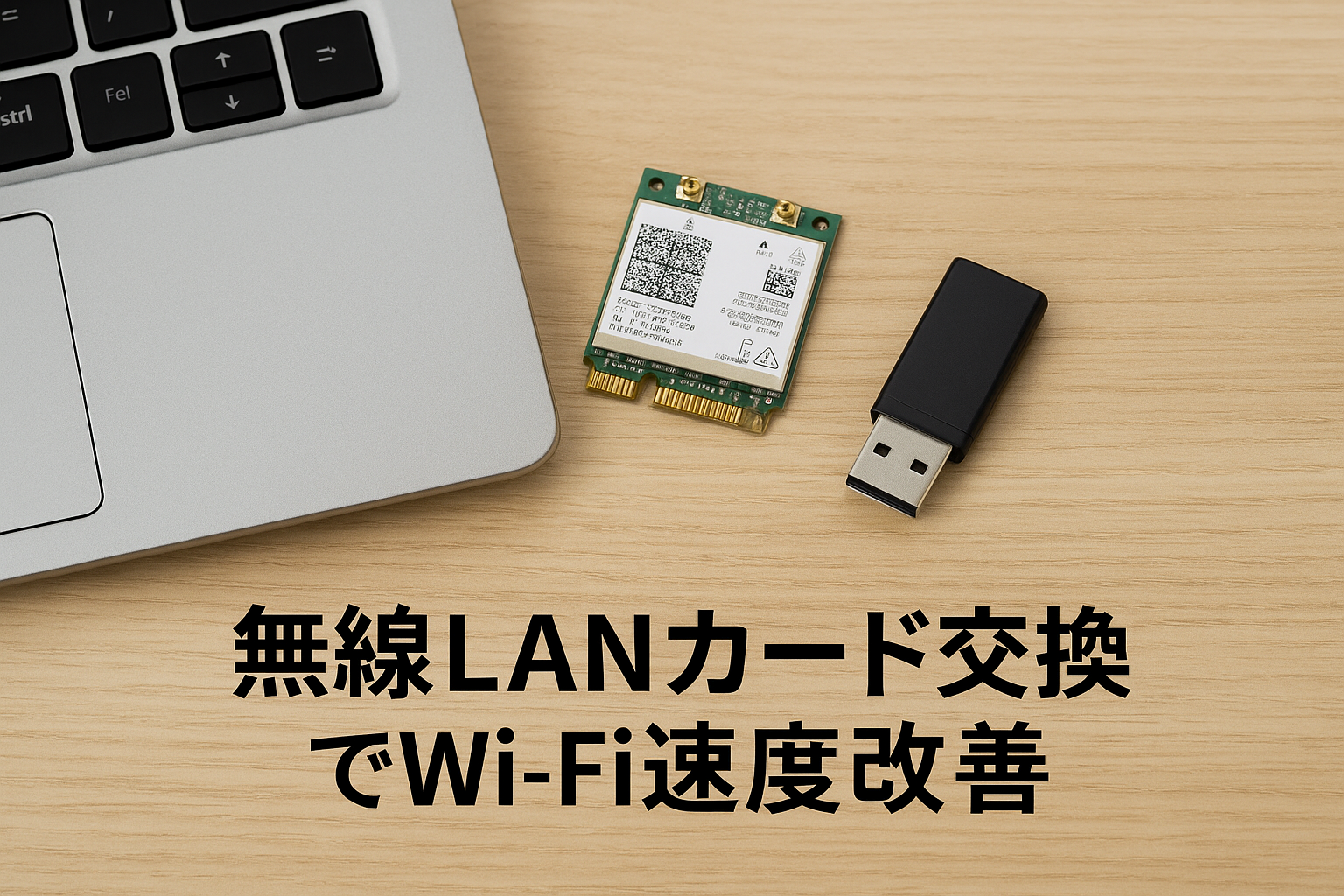 「無線LANカード交換でWi-Fi速度改善｜ノートパソコンとUSB型Wi-Fi子機のイメージ」