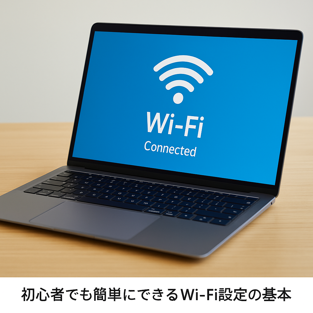 ノートパソコンの画面にWi-Fiアイコンが表示され、接続設定をしているイメージ