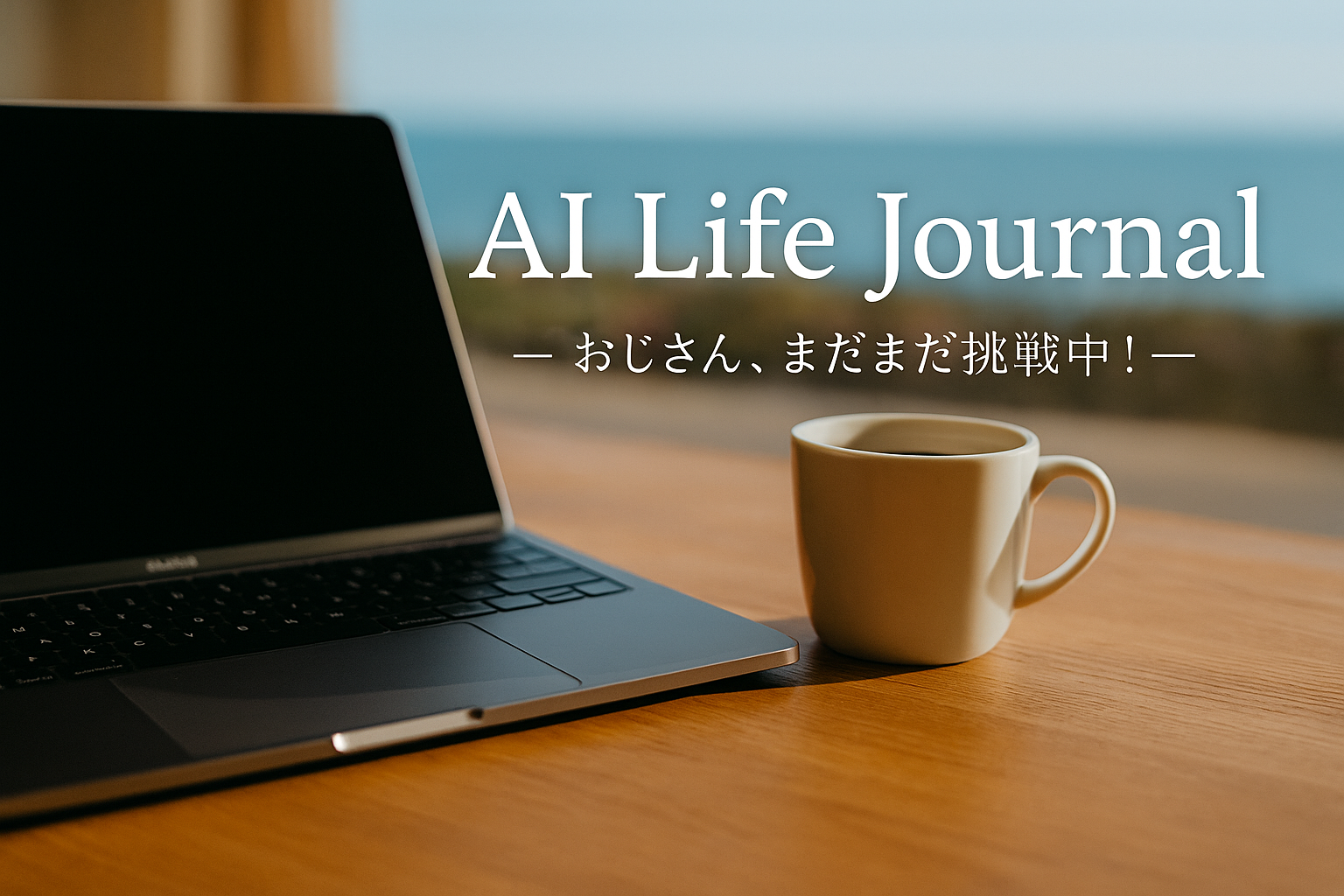 ノートPCとコーヒーが木のテーブルに置かれ、窓の外に海が見える。右側に「AI Life Journal ― おじさん、まだまだ挑戦中！」と書かれた温かみのあるアイキャッチ画像
