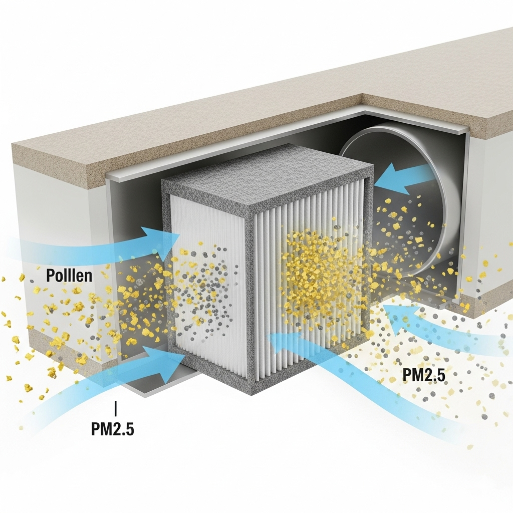 24時間換気システムのフィルターが花粉やPM2.5をキャッチしている様子を示すイラスト