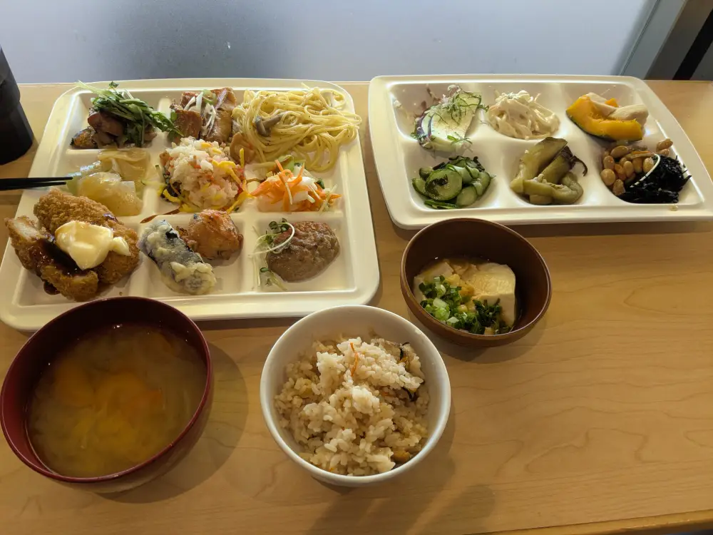 愛彩ランドの野菜ビュッフェ料理。炊き込みご飯と味噌汁を添えた彩り豊かな定食スタイル