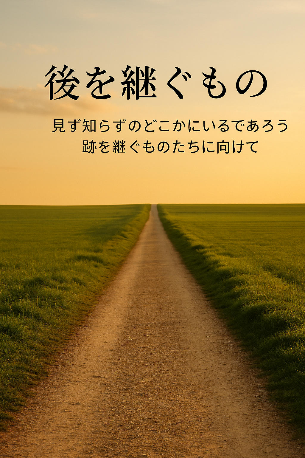 夕暮れの空に伸びる一本の道。道の先に希望を感じさせる風景に、「後を継ぐもの」というタイトルとサブメッセージが重ねられている。