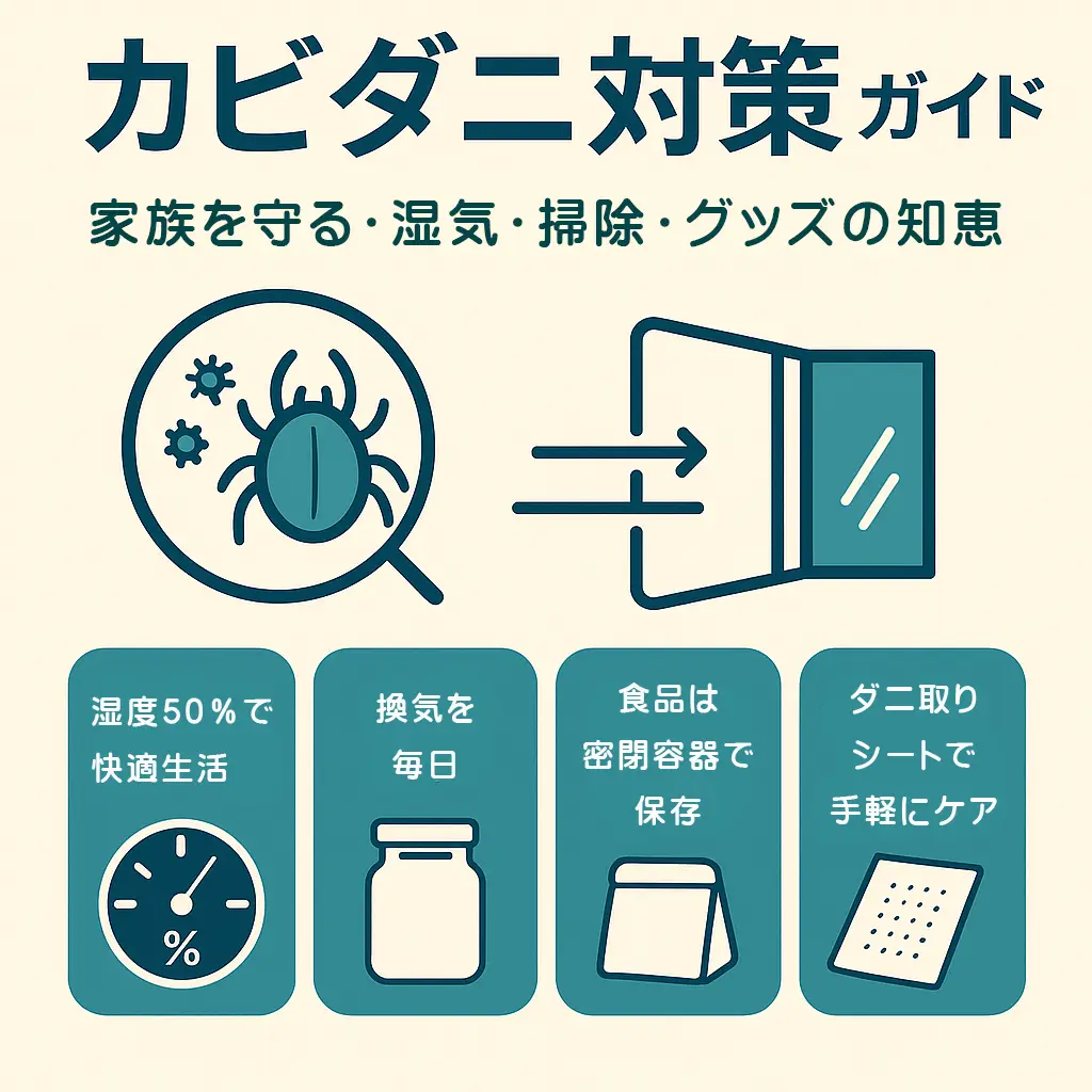 カビダニ対策ガイド｜湿気・換気・掃除・食品保存・ダニ取りシートの解説イラスト