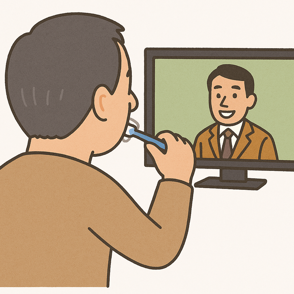 テレビを見ながらソファに座り、電動歯ブラシで歯を磨いている中年のおじさんのイラスト