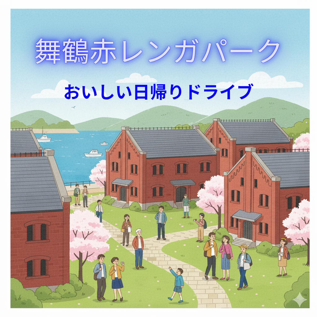 舞鶴赤レンガパークの観光イラスト。春の桜とレンガ倉庫が並ぶ日帰りドライブ風景。