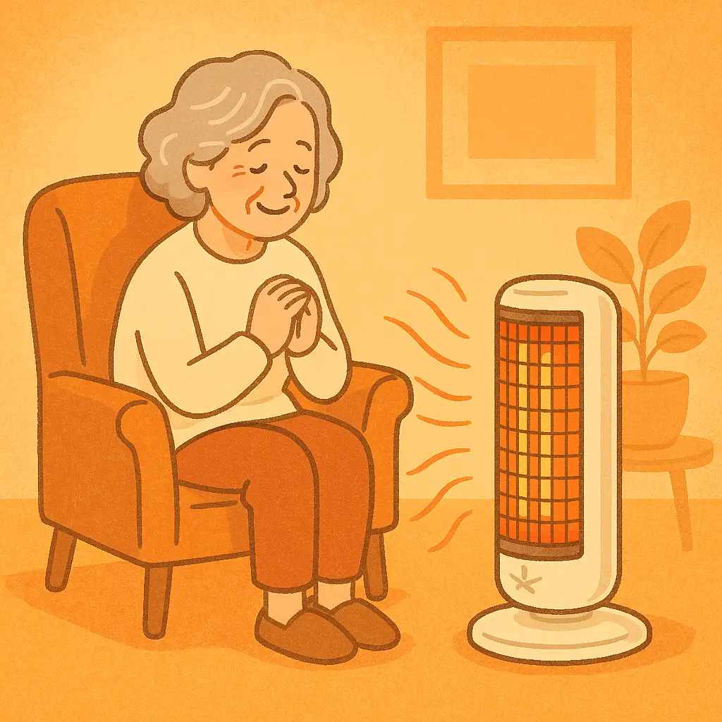 冬の室内で中高年が電気ストーブの前に座り、温まっている様子のイラスト