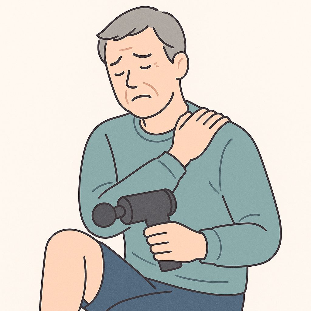 肩こりに悩む初老の男性が肩をさすり、ふくらはぎをケアしているイラスト
