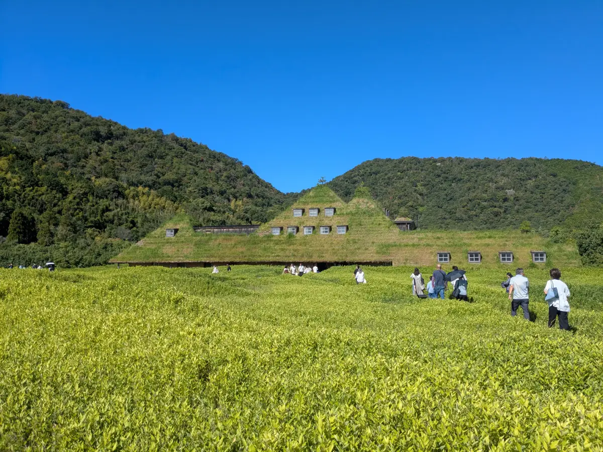 ラ コリーナ近江八幡の草屋根のメインショップ外観。青空と緑に囲まれた人気観光スポット。