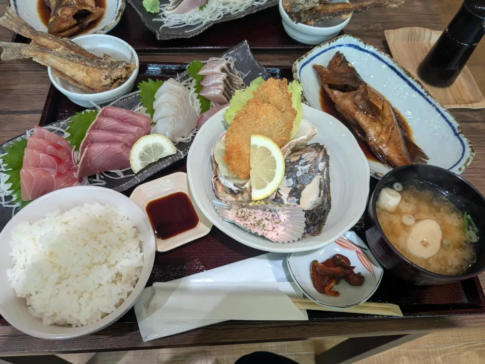 舞鶴サカナテラスの魚テラス定食（刺身・煮付け・フライ・味噌汁・ご飯）